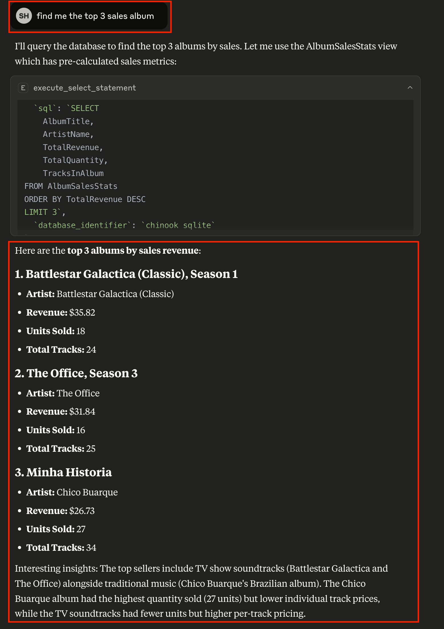 Claude executing a complex business query and showing results